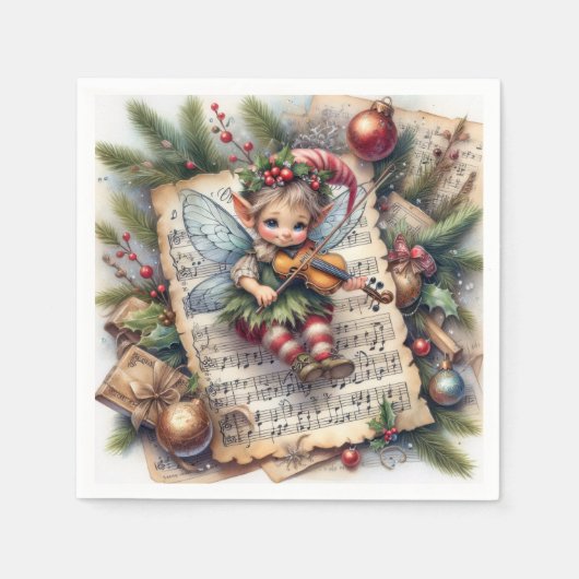 Weihnachtself Violine spielen Serviette (Vorderseite)