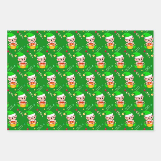 Weihnachtself, Zuckerrohr, Konfetti auf grün & rot Geschenkpapier Set (Vorderseite 2)