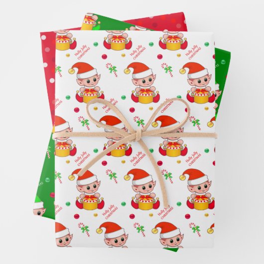 Weihnachtself, Zuckerrohr, Konfetti auf grün & rot Geschenkpapier Set (Beispiel)