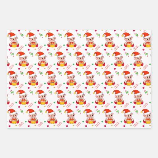 Weihnachtself, Zuckerrohr, Konfetti auf grün & rot Geschenkpapier Set (Vorderseite)