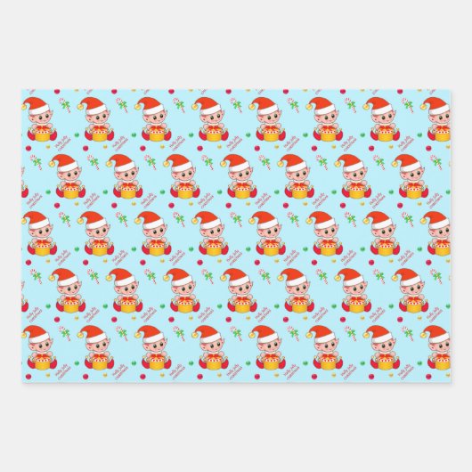 Weihnachtself, Zuckerrohr, Konfetti auf grün & rot Geschenkpapier Set (Vorderseite)