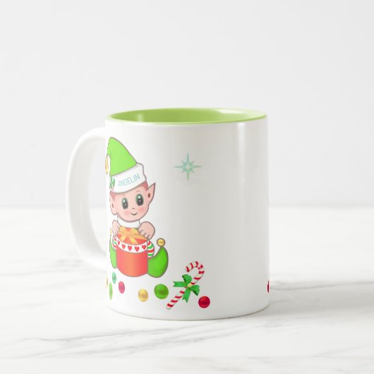Weihnachtself, Zuckerrohr und Weihnachtsbällchen Zweifarbige Tasse (Vorderseite Links)