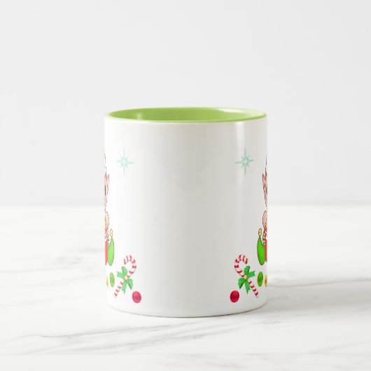 Weihnachtself, Zuckerrohr und Weihnachtsbällchen Zweifarbige Tasse (Mittel)