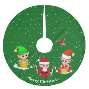Weihnachtselfen auf Grün Polyester Weihnachtsbaumdecke