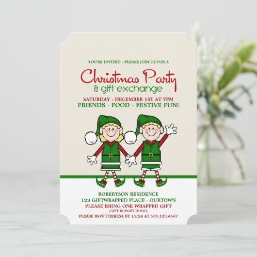 Weihnachtselfen Geschenkbörse Party Einladung (Stehend Vorderseite)