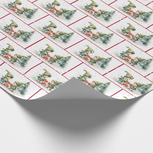 Weihnachtselfen in Wasserfarbe in Schneeflocken Geschenkpapier (Ecke)