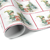 Weihnachtselfen in Wasserfarbe in Schneeflocken Geschenkpapier (Rolleneckpunkt)