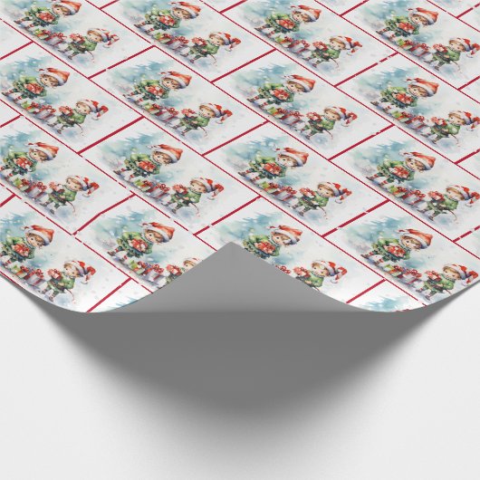 Weihnachtselfen in Wasserfarbe in Schneeflocken Geschenkpapier (Ecke)