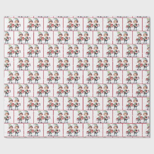 Weihnachtselfen in Wasserfarbe in Schneeflocken Geschenkpapier (Flach)