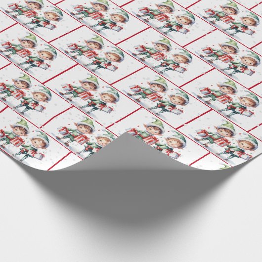 Weihnachtselfen in Wasserfarbe in Schneeflocken Geschenkpapier (Ecke)