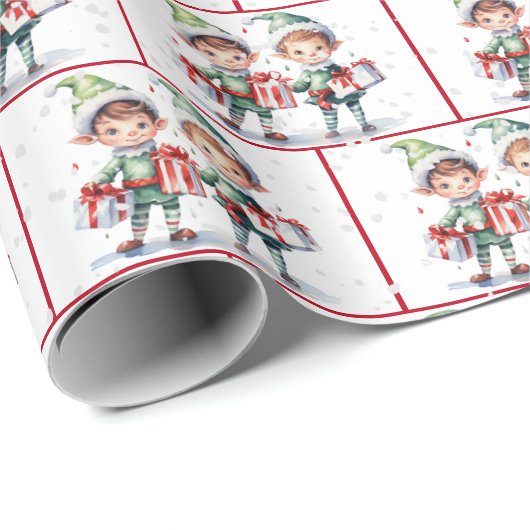 Weihnachtselfen in Wasserfarbe in Schneeflocken Geschenkpapier (Rolleneckpunkt)