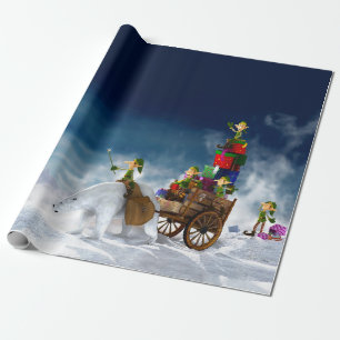 Weihnachtselfen mit einem Polar-Bär Geschenkpapier