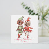 Weihnachtselfen Paar Feiertagskarte (Stehend Vorderseite)