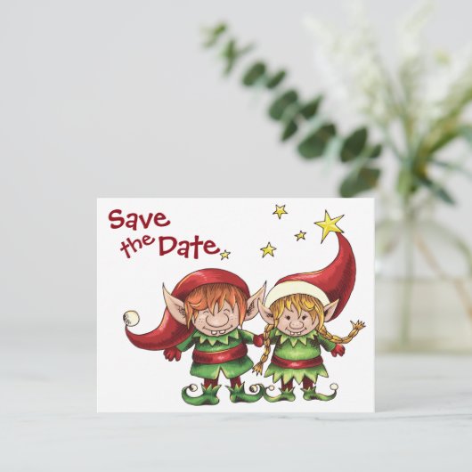 Weihnachtselfen Save the Date Hochzeitsankündigung (Stehend Vorderseite)