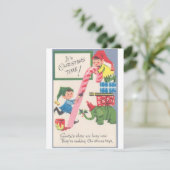 Weihnachtselfen Spielzeug machen Feiertagskarte (Stehend Vorderseite)