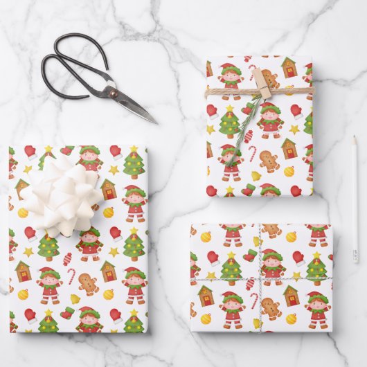 Weihnachtselfenmuster Geschenkpapier Set (Vorderseite)