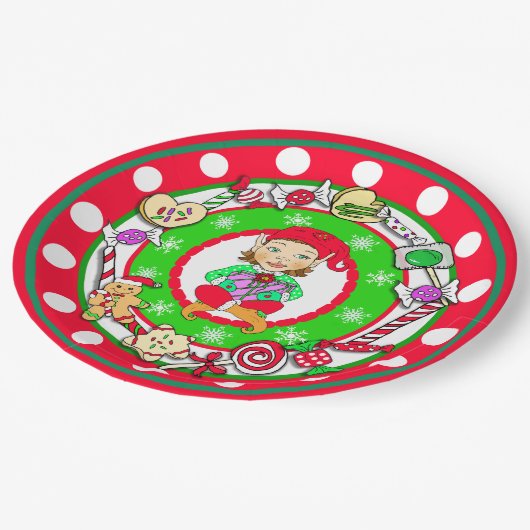 Weihnachtselfs Whimsical Candy Polka Dot Pappteller (Schrägansicht)