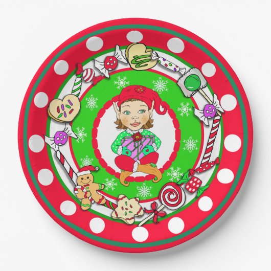 Weihnachtselfs Whimsical Candy Polka Dot Pappteller (Vorderseite)