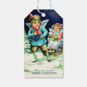 Weihnachtsengel beim Schlittenfahren im Vintage-St Geschenkanhänger