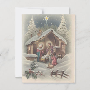 Weihnachtsengel bewachen Jesuskind im Vintage-Stil Feiertagskarte