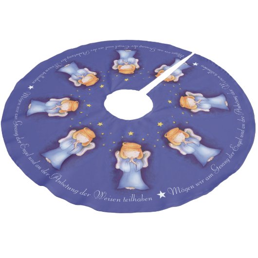Weihnachtsengel-Girl betet deutsch-blau Polyester Weihnachtsbaumdecke (Schrägansicht)