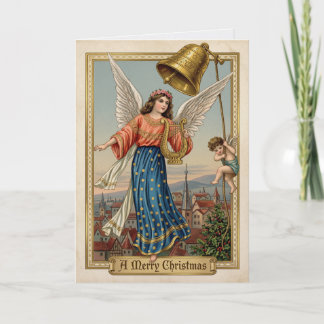 Weihnachtsengel Goldene Glocke Vintage Harfe Karte