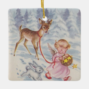 Weihnachtsengel-Hirsch und -Hase im Vintage-Stil Keramikornament