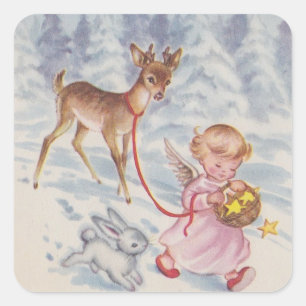 Weihnachtsengel Hirsch und Hase im Vintage-Stil Quadratischer Aufkleber