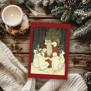 Weihnachtsengel im Wald mit Santa im Vintage-Stil Feiertagskarte