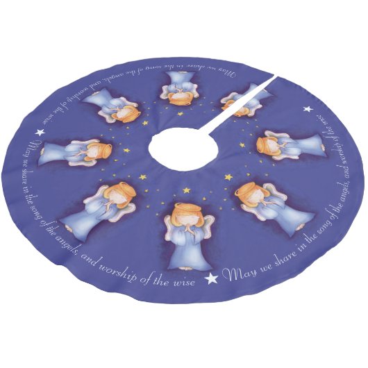 Weihnachtsengel-Mädchen beten blaue Weihnachtsfeie Polyester Weihnachtsbaumdecke (Schrägansicht)