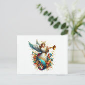 Weihnachtsengel mit Horn Feiertagspostkarte (Stehend Vorderseite)