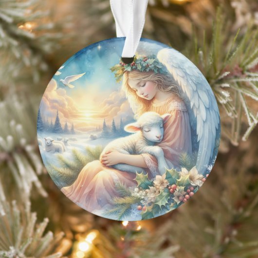 Weihnachtsengel mit Lamm im winterlichen Frieden Ornament (Baum)