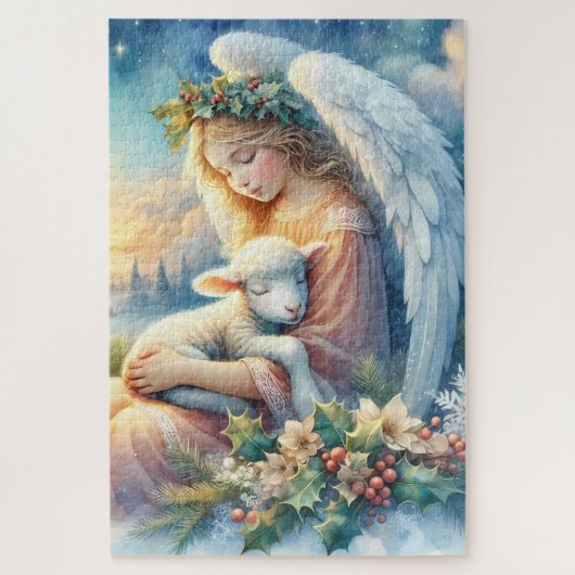 Weihnachtsengel mit Lamm in winterlicher Ruhe Puzzle (Vertikal)