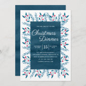 Weihnachtsessen Blau Farbe Blumen Einladung (Vorne/Hinten)