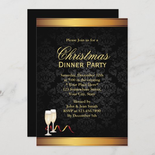 Weihnachtsessen in Gold und Schwarz - Party Einlad Einladung (Vorne/Hinten)
