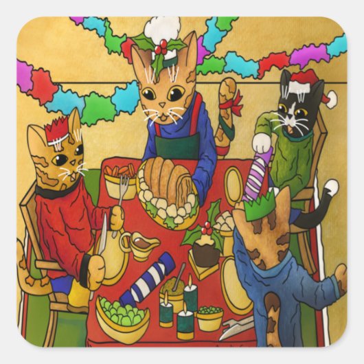 Weihnachtsessen Katzen Quadratischer Aufkleber (Vorderseite)