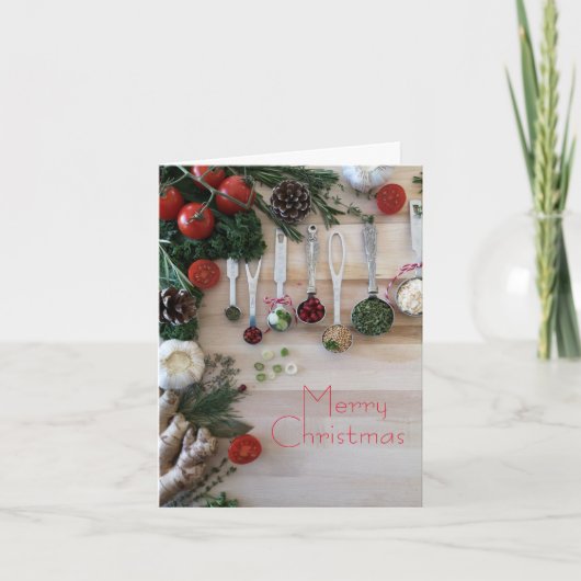 Weihnachtsessen, Kräuter, Gewürze, Tomaten, Feiertagskarte (Vorderseite)