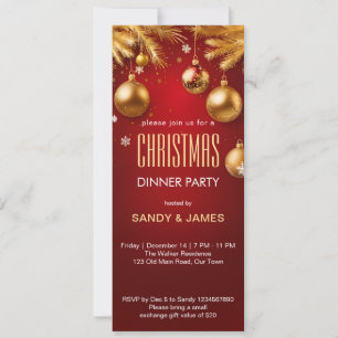 Weihnachtsessen Party Gold und Rot Baubles Einladung