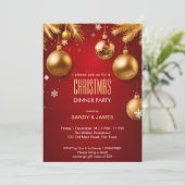 Weihnachtsessen Party Gold und Rot Baubles Einladung (Stehend Vorderseite)