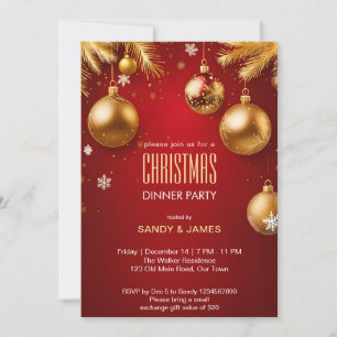Weihnachtsessen Party Gold und Rot Baubles Einladung