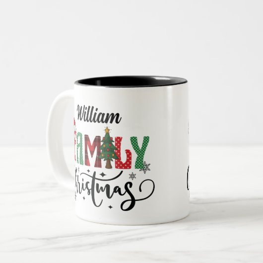 Weihnachtsfamilie Baum Modernes Skript Grün Rot Zweifarbige Tasse (Vorderseite Links)