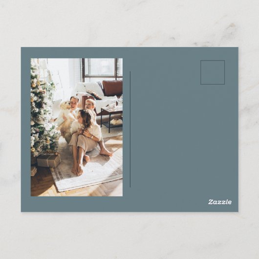 Weihnachtsfamilie Foto | Merry + Bright Blue Postkarte (Rückseite)