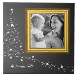 Weihnachtsfamilie Foto Tile BW / personalisiert Fliese