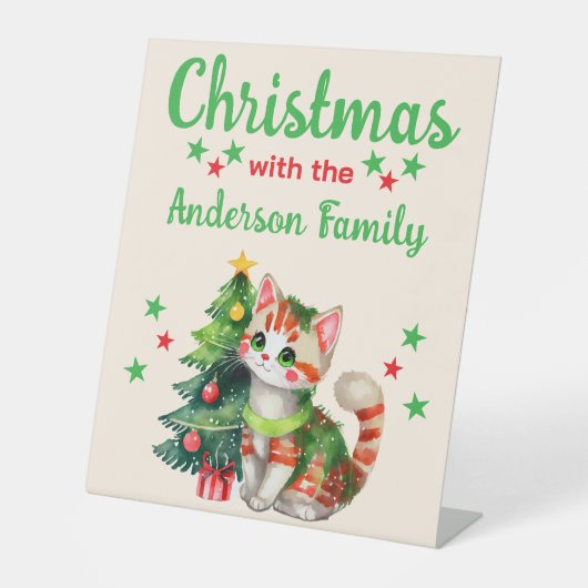 Weihnachtsfamilie Katze rot grün Sockelschild (Vorderseite)