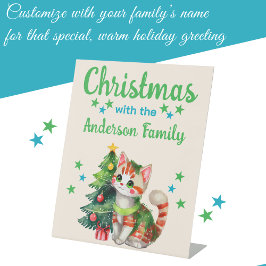 Weihnachtsfamilie Katze und baumblau grün Sockelschild