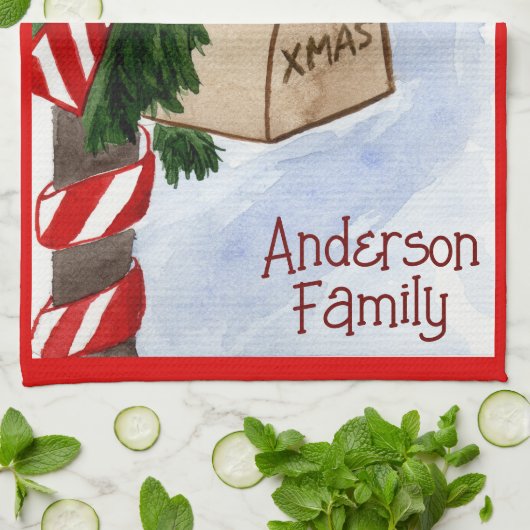 Weihnachtsfamilie Mailbox Candy Cane Greenery Geschirrtuch (Gefaltet)