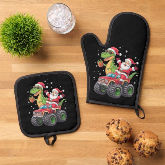 Weihnachtsfamilie Matching Santa Truck Dinosaur Ofenhandschuh & Topflappen-Set (Oben Unten)