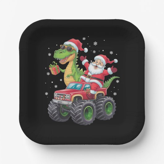 Weihnachtsfamilie Matching Santa Truck Dinosaur Pappteller (Vorderseite)