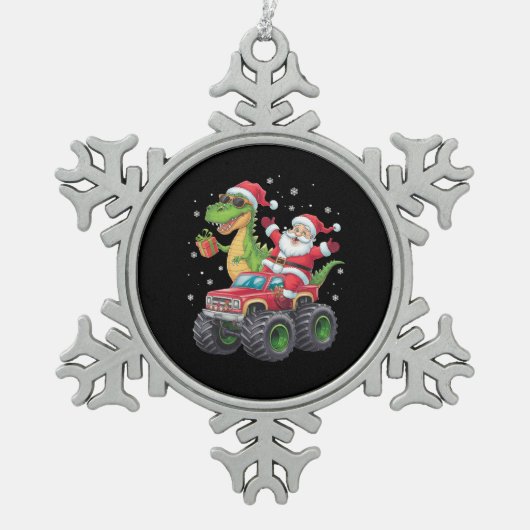 Weihnachtsfamilie Matching Santa Truck Dinosaur Schneeflocken Zinn-Ornament (Vorderseite)