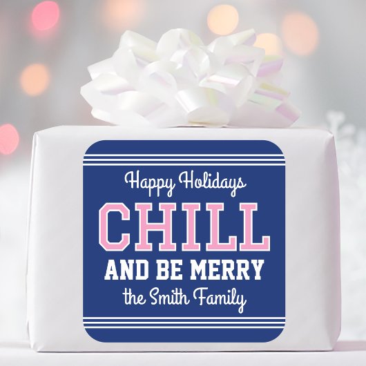 Weihnachtsfamilie Name Typografie Navy Pink Quadratischer Aufkleber